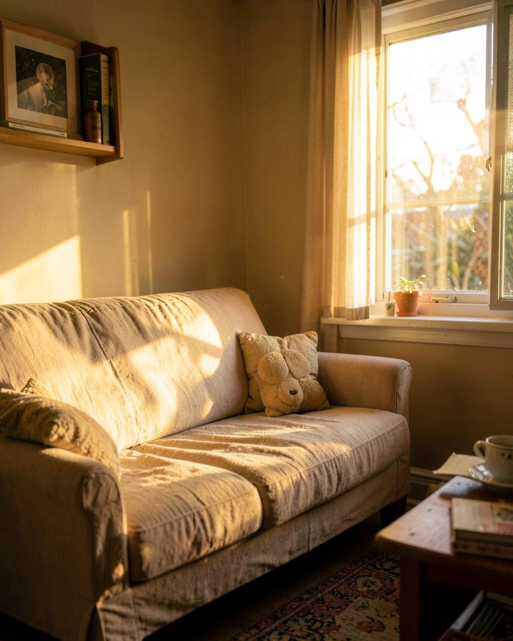Golden afternoon light falling across a linen sofa in the Avelaney living room