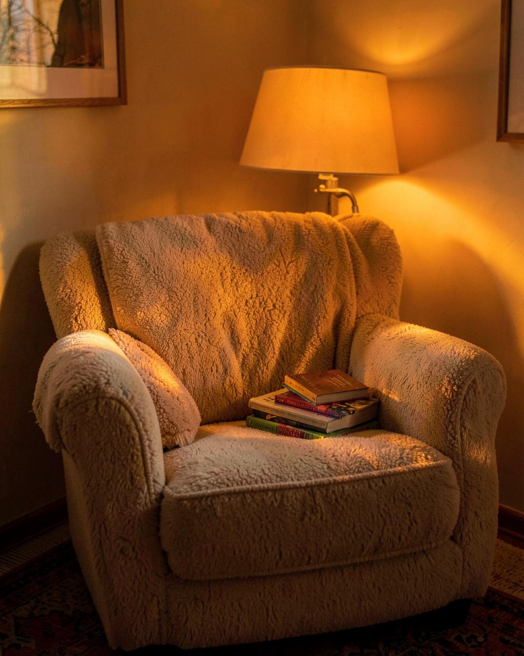 A reading nook with a plush armchair and warm lamp light